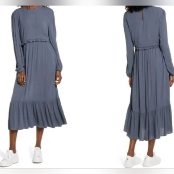 NWT Charles Henry Size Medium Gray Bohemian Ruffled Flowy Maxi Dress Neutral - Picture 1 of 12